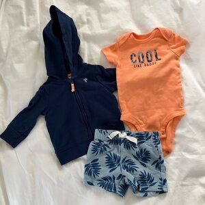 3M Carters boy Navy Hoodie and Orange Onesie Set